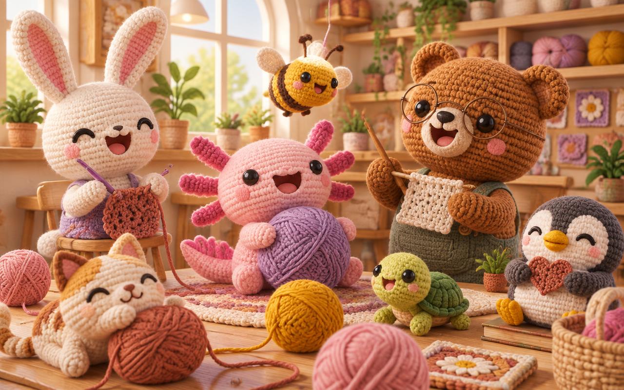 Grupo alegre de amigurumis tejiendo juntos en un taller